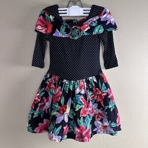 Amy Too! Girl’s Size 7 3/4 Sleeve Dress In Polka Dot Floral Skirt With Tulle.
